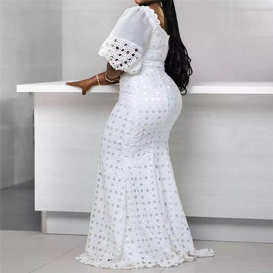 Solid Color Bubble Sleeve Hollow Out Bodycon Jumpsuit Dress