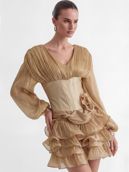 Margot Khaki Corset Bodice Ruffled Mini Dress