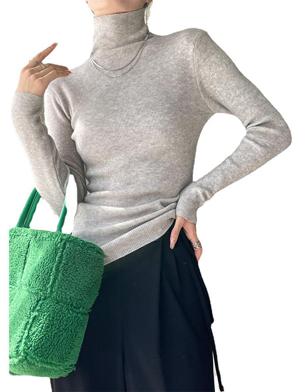 Casual Long Sleeves Skinny Solid Color High-Neck Sweater Tops