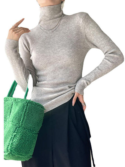 Casual Long Sleeves Skinny Solid Color High-Neck Sweater Tops