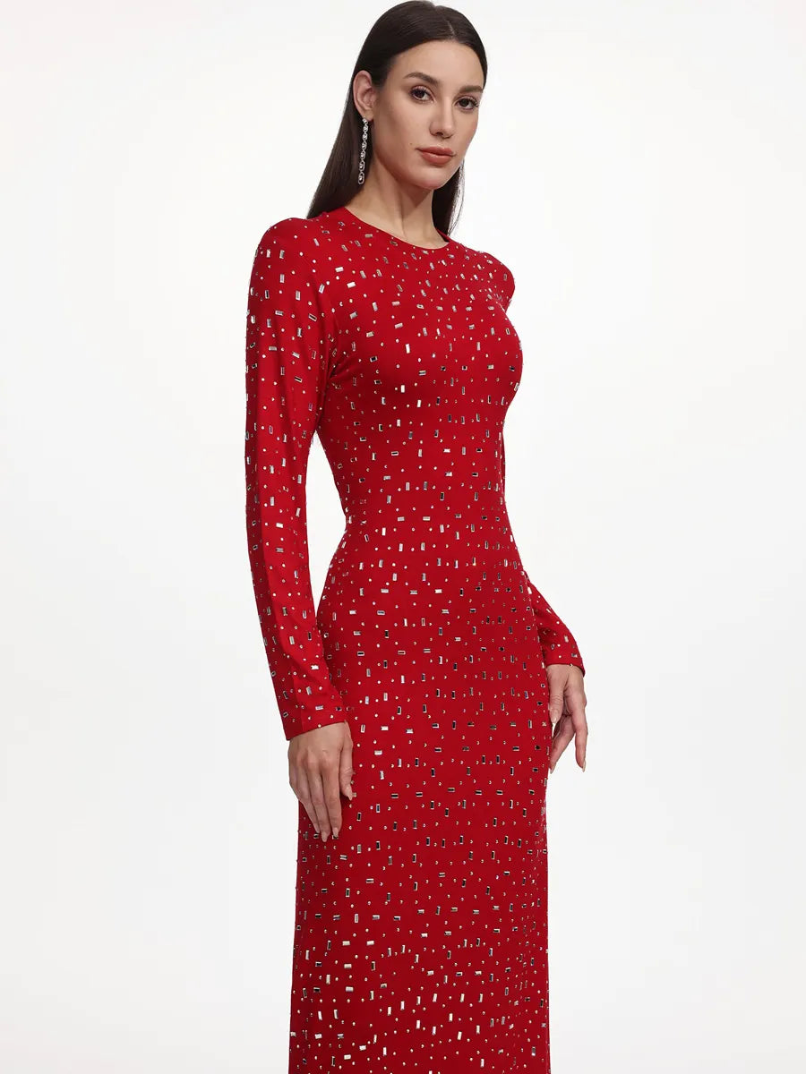Juliette Romantic Contour Long Sleeve Crystal Maxi Dress