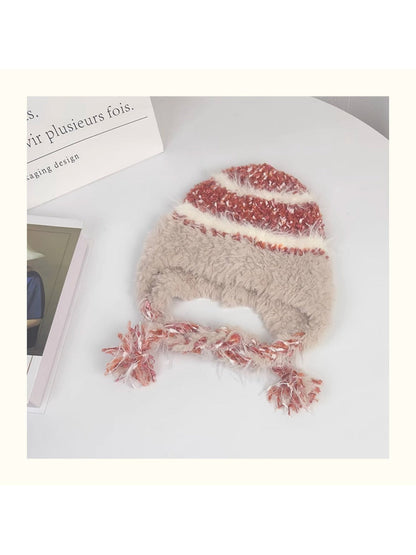 Haila - Striped Plush Knitted Beanie with Ear Flaps