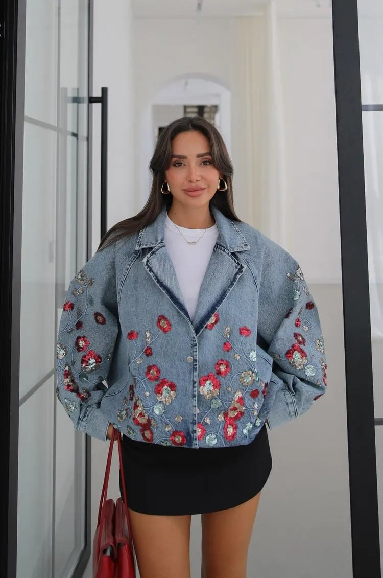 Liora Floral Sequin Denim Jacket In Light Blue