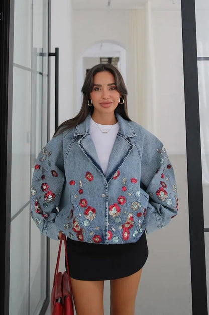 Liora Floral Sequin Denim Jacket In Light Blue