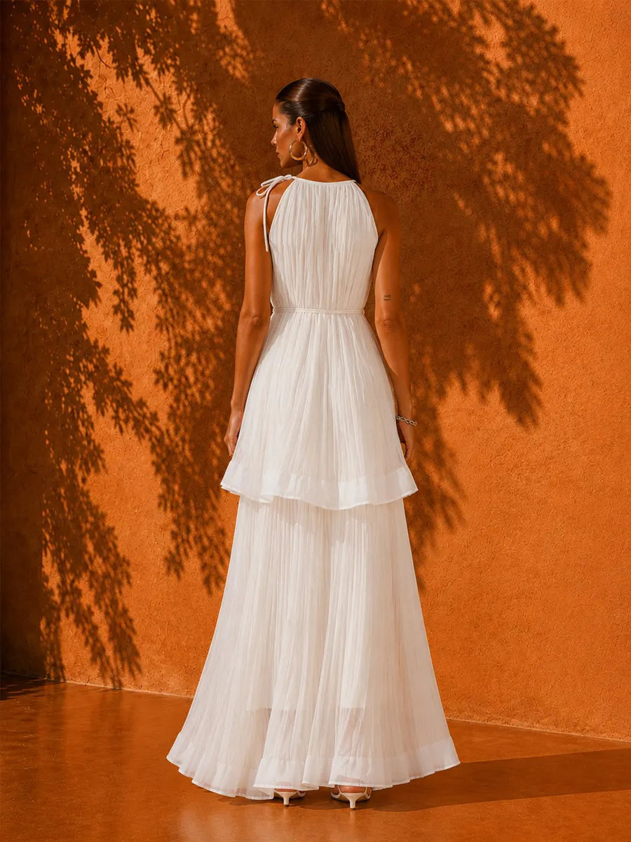 Ivy Pleated Sleeveless Maxi Beach Dress In White
