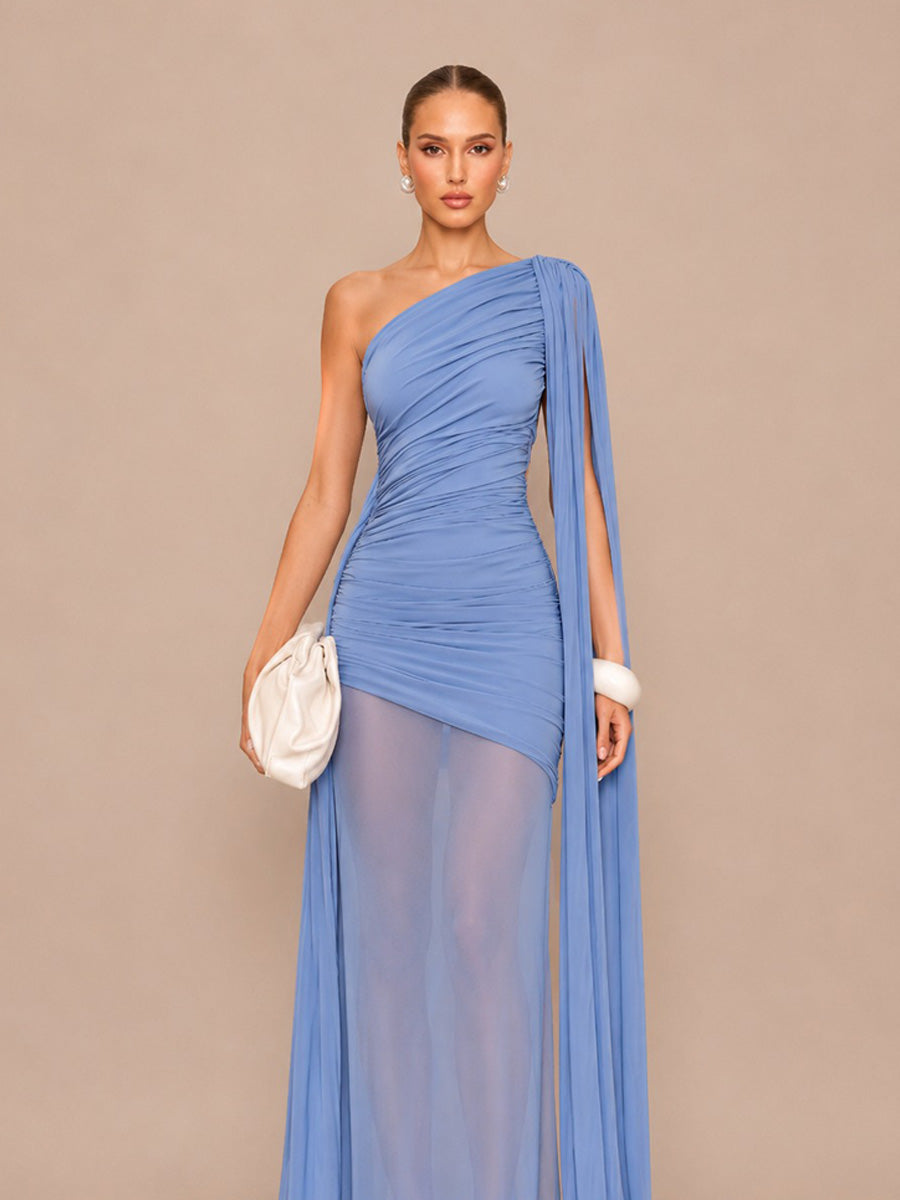 Isla One-Shoulder Cape Maxi Dress with Mesh Paneling