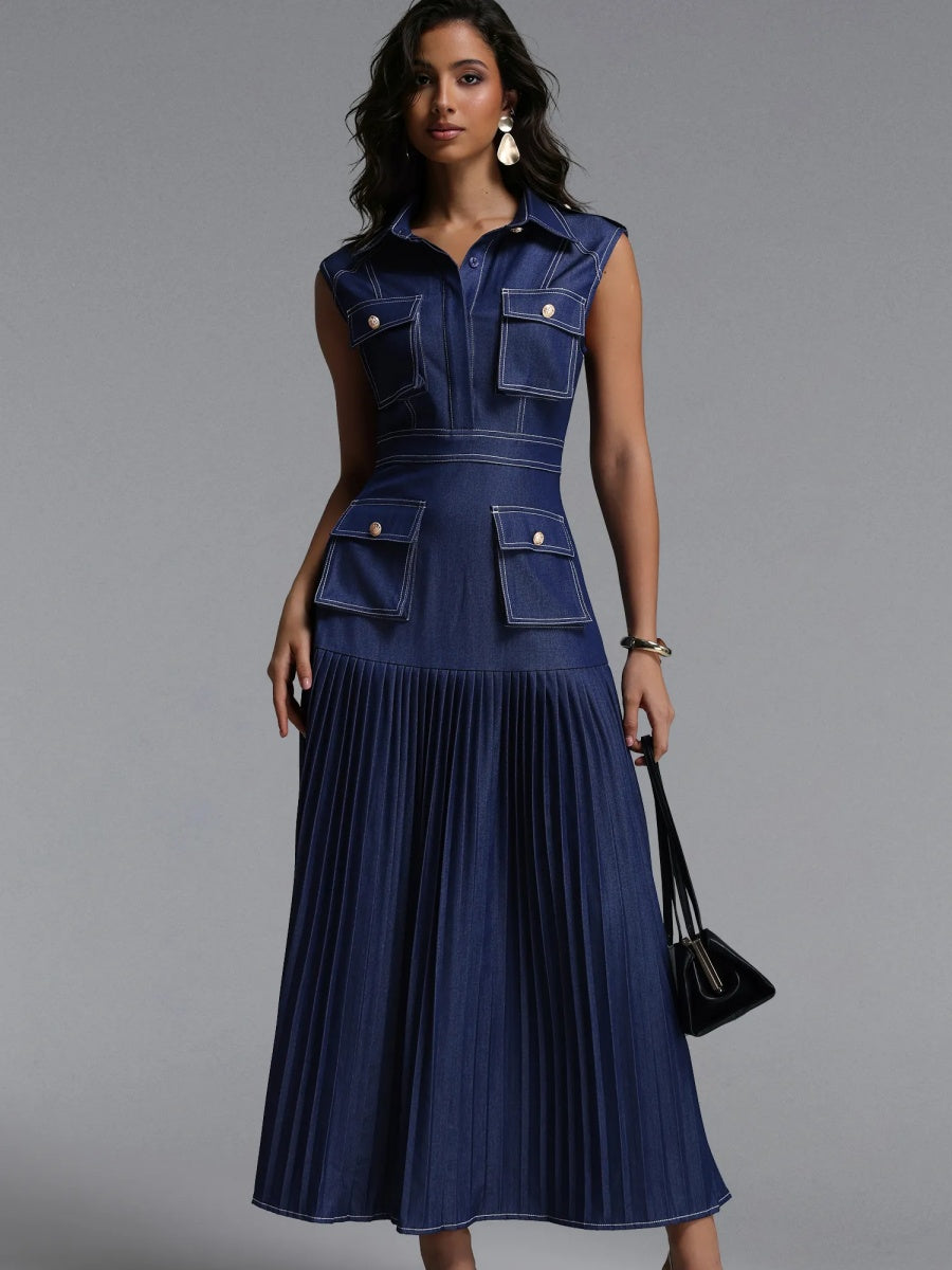 Brianna Denim Utility Pleated Midi Dress