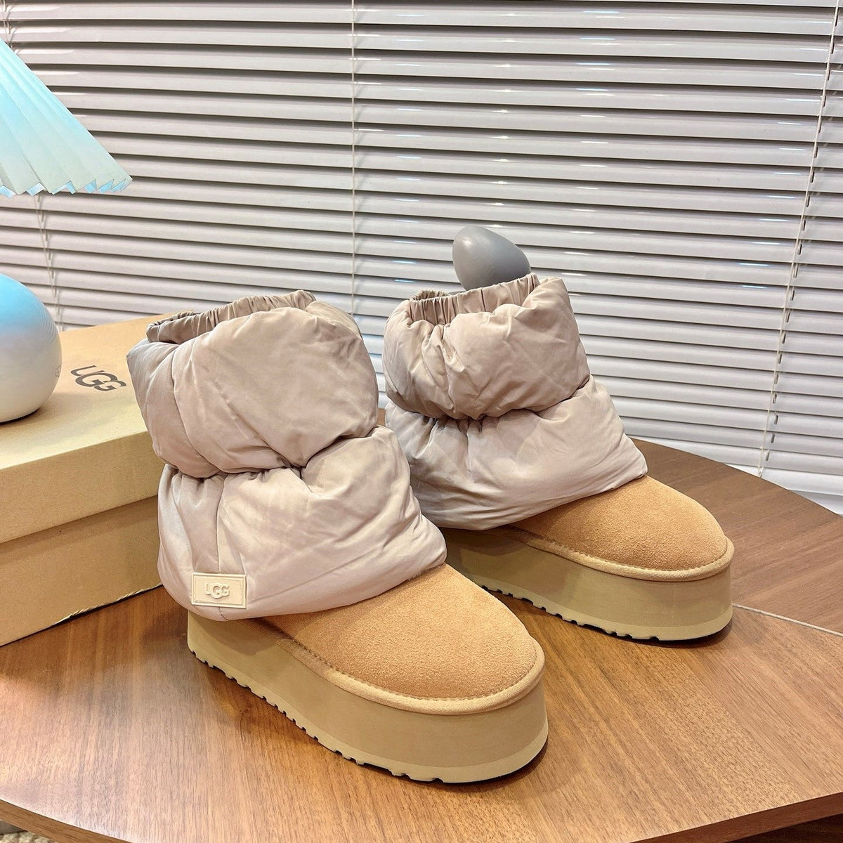 UGG Classic Mini Dipper Puffer Boots Light Brown Suede Technical Fabric