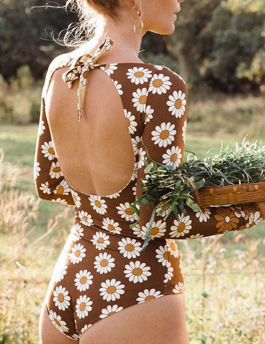 Brown Backless Floral Print One Piece Swimwear