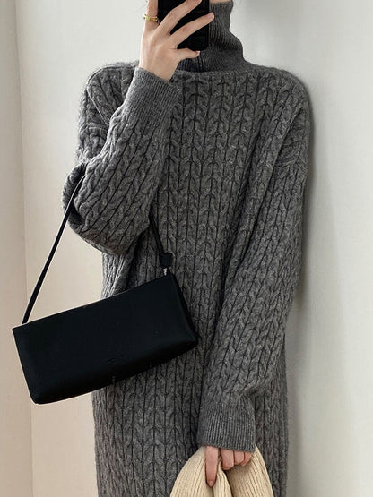 Solid Color H-Line Long Sleeves High Neck Knitted Midi Dresses
