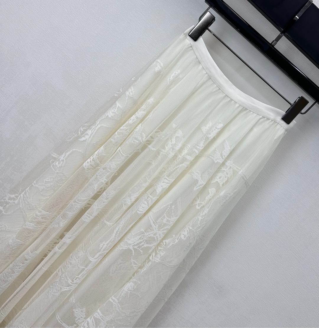 CD Lace Mesh Midi Skirt Ivory Polyester 350177