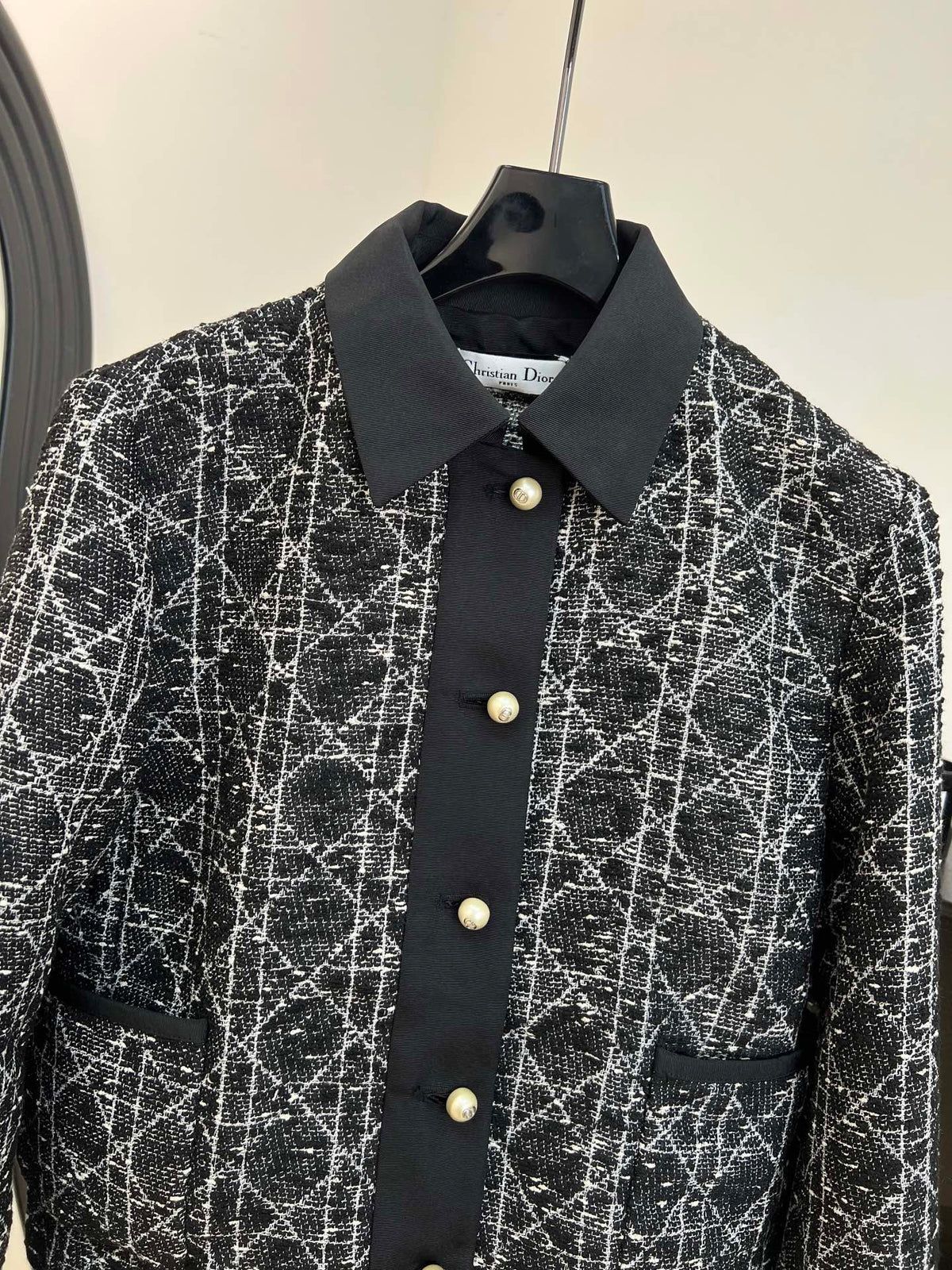 Dior 2025 Cannage Tweed Jacket with Pearl Buttons Black White Cotton