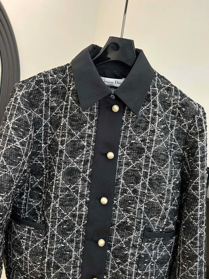Dior 2025 Cannage Tweed Jacket with Pearl Buttons Black White Cotton