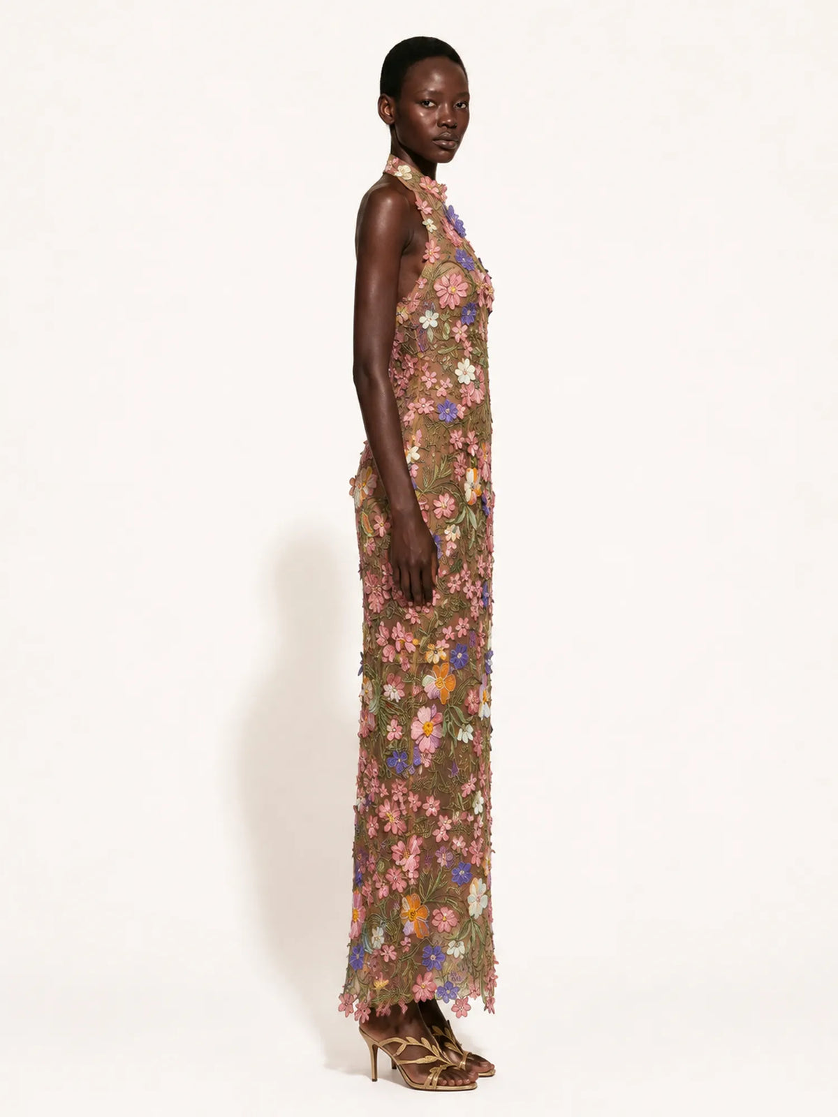 Adeline 3D Floral Details Halter-Neck Maxi Dress