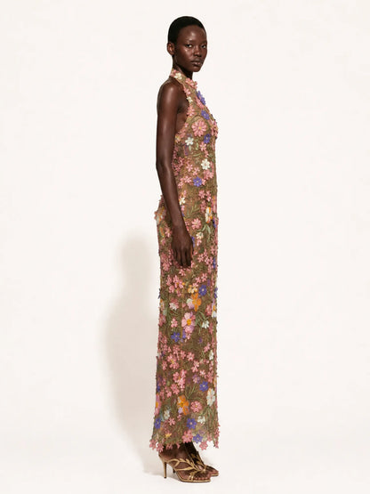 Adeline 3D Floral Details Halter-Neck Maxi Dress