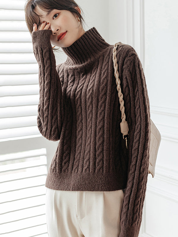 Casual Long Sleeves Loose Solid Color High-Neck Sweater Tops