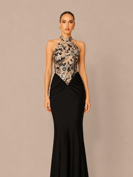 Celestia Embroidered Sequin Floral Halter Maxi Dress