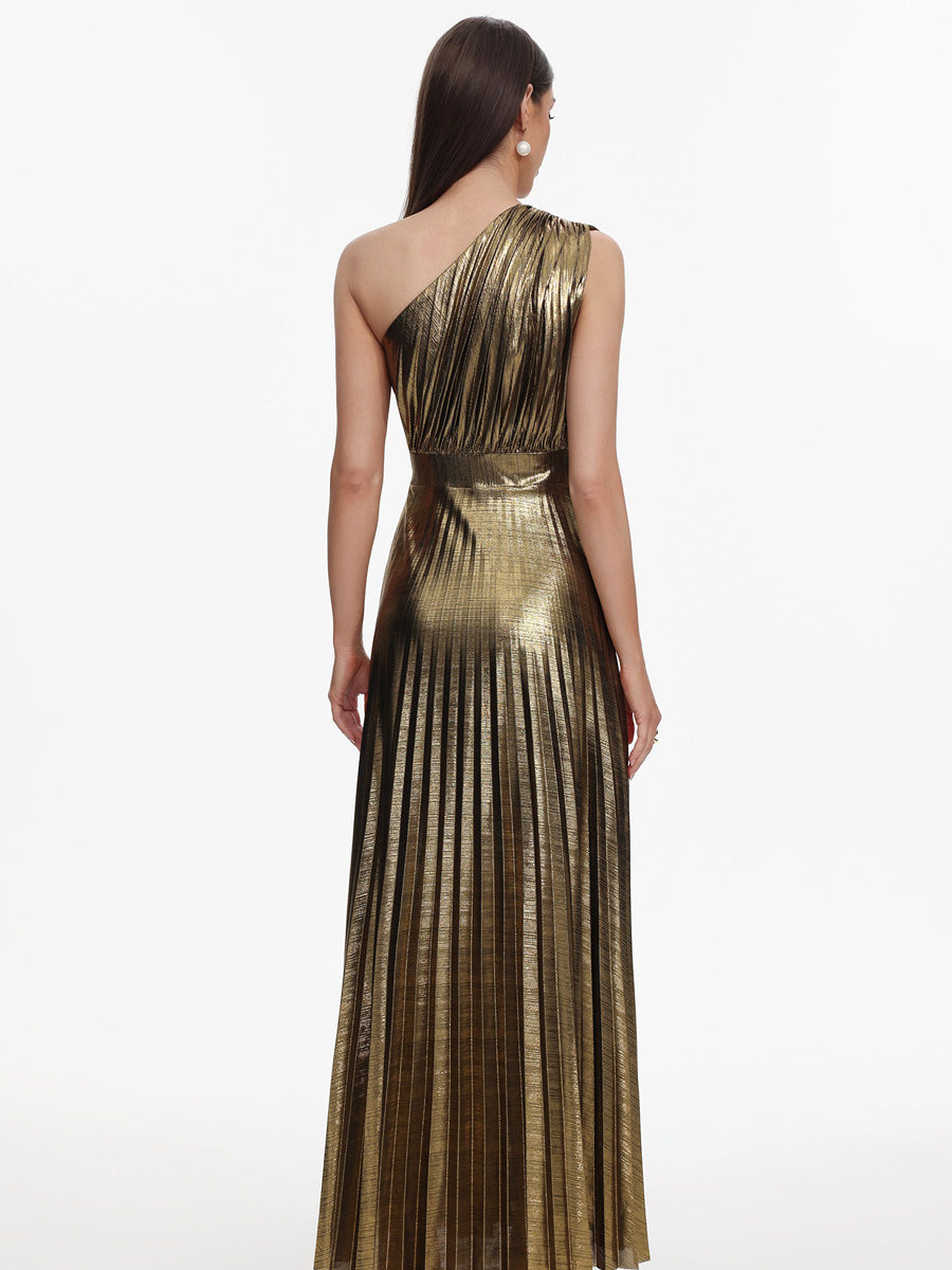 Lila Glamorous One Shoulder Pleated Metallic Maxi Dress