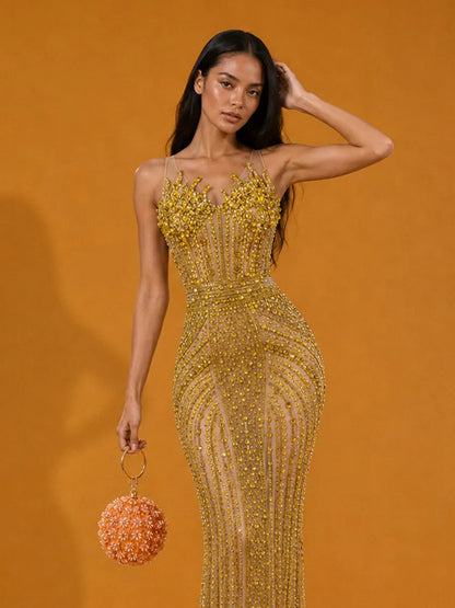 Jocelyn Elegant Strapless Sparkling Rhinestone Maxi Dress In Gold