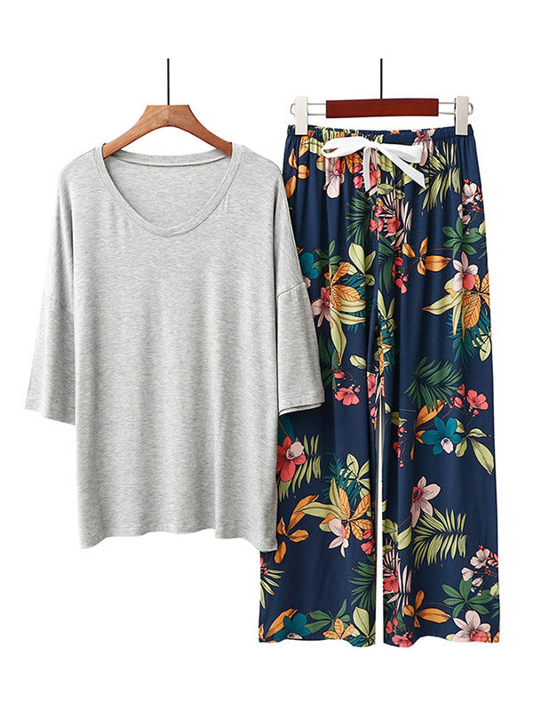 Casual Loose Seven-Quarter Sleeves V-Neck Shirts& Printed Pants Pajama Sets