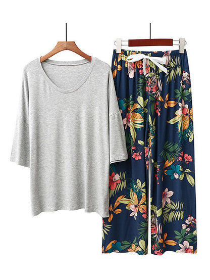 Casual Loose Seven-Quarter Sleeves V-Neck Shirts& Printed Pants Pajama Sets