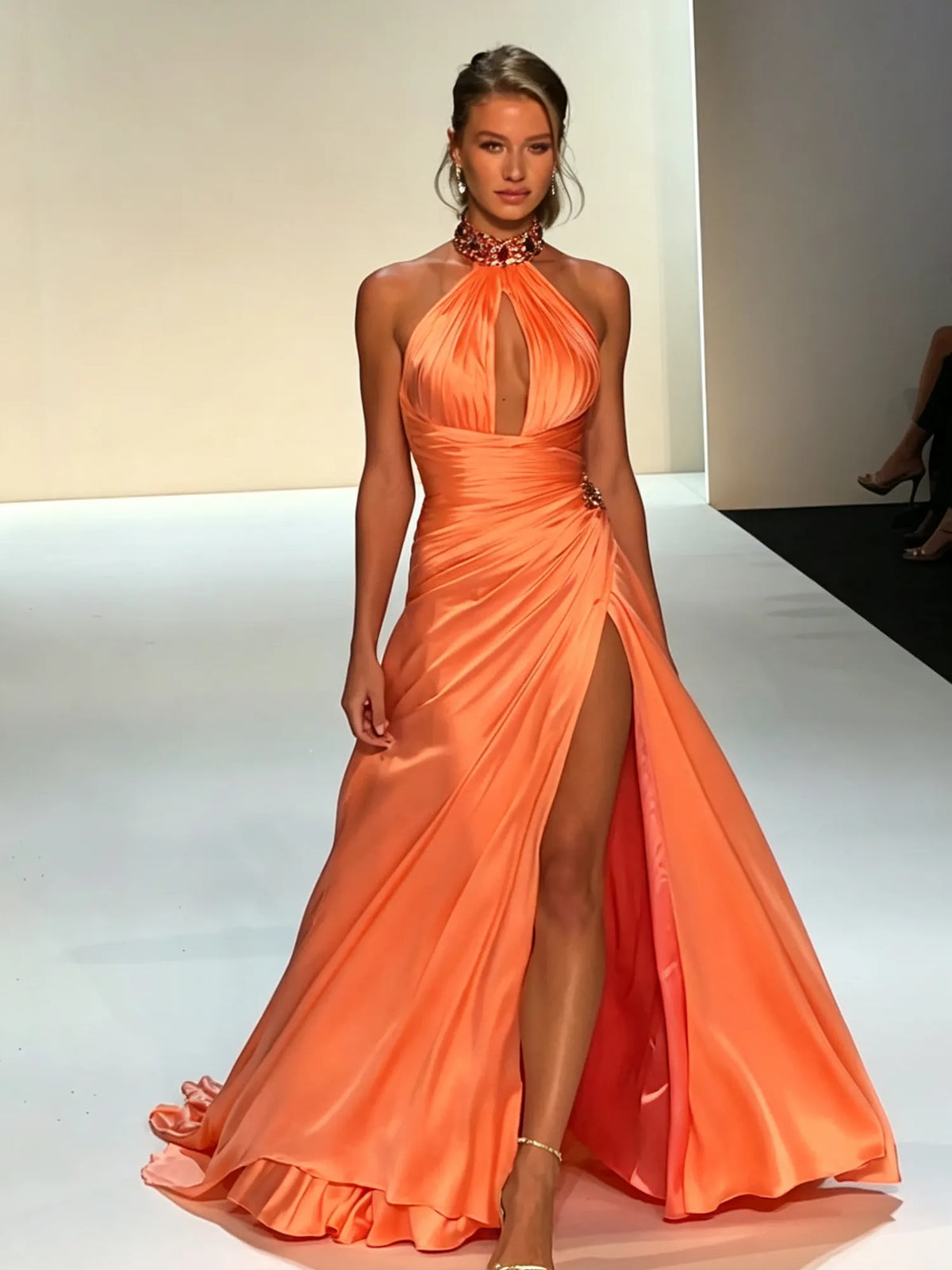 Zaria Halter Cutout Satin Maxi Dress In Orange
