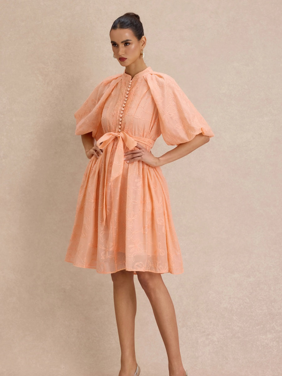 Hailey Floral-Embroidered Puff-Sleeve Midi Dress
