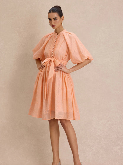Hailey Floral-Embroidered Puff-Sleeve Midi Dress