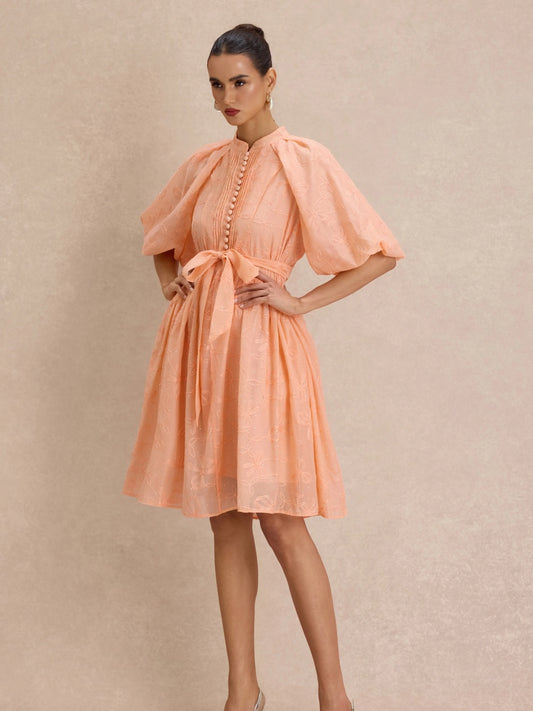 Hailey Floral-Embroidered Puff-Sleeve Midi Dress