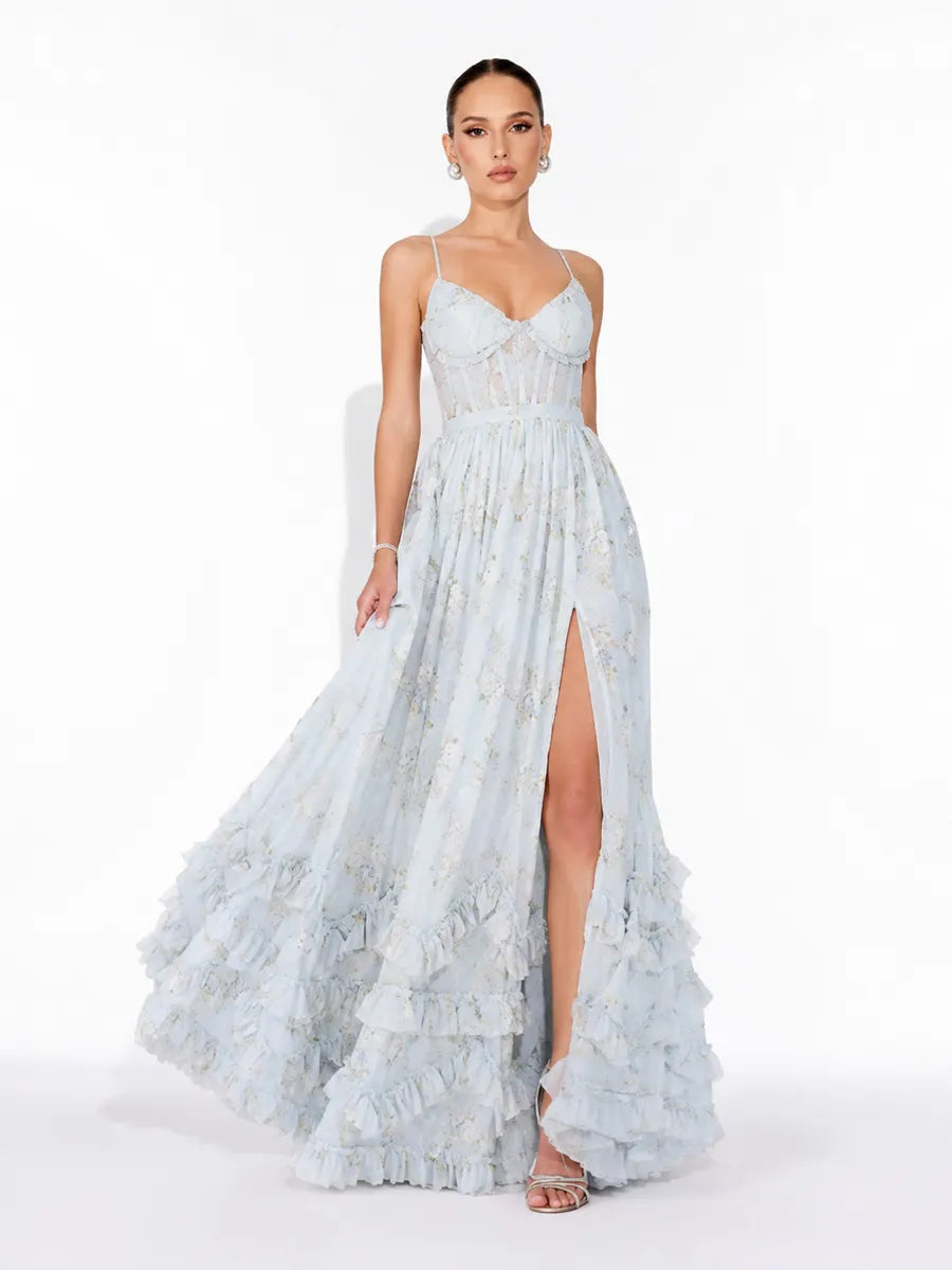 Annabel Ruffled Slit Maxi Dress In Blue