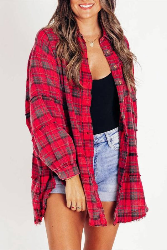 Women's Mineral Washed Button Down Plaid Flannel Shirt
