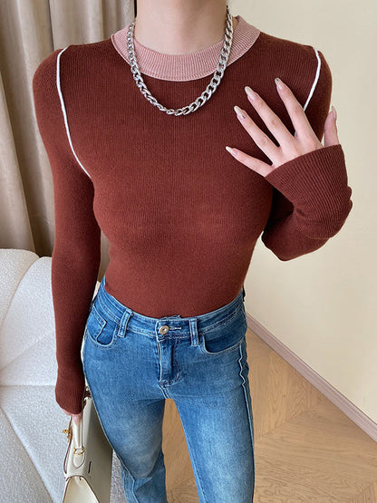 Long Sleeves Skinny Contrast Color Split-Joint Round-Neck Pullovers Sweater Tops