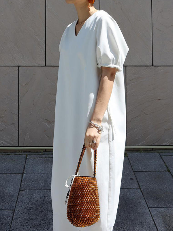 Loose Short Sleeves Solid Color Split-Joint V-Neck Maxi Dresses