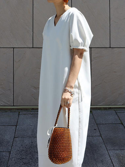 Loose Short Sleeves Solid Color Split-Joint V-Neck Maxi Dresses
