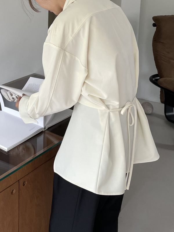 Long Sleeves Raglan Sleeve Pockets Split-Front Split-Joint Tied Zipper Lapel Blouses&Shirts Tops