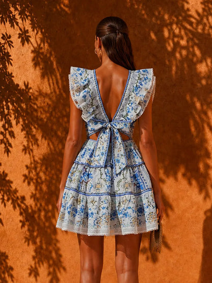 Celestine Elegant Printed Deep-V Mini Dress