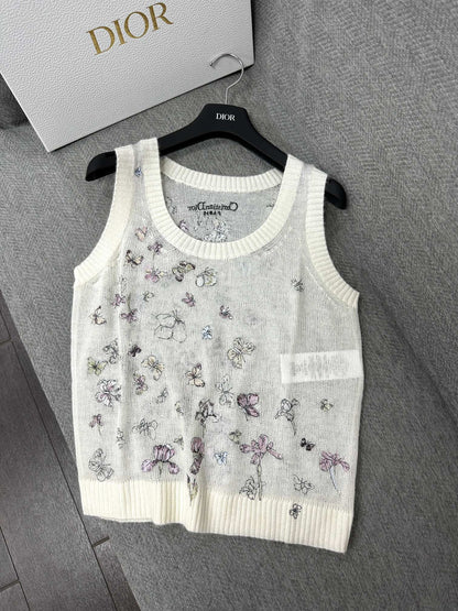 CD Butterfly Embroidered Vest White Alpaca Wool Cashmere 345333