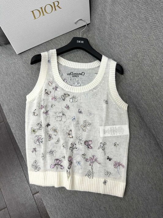 CD Butterfly Embroidered Vest White Alpaca Wool Cashmere 345333