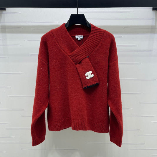 CHANEL 26 SCALF & V-NECK RED SWEATER 335371