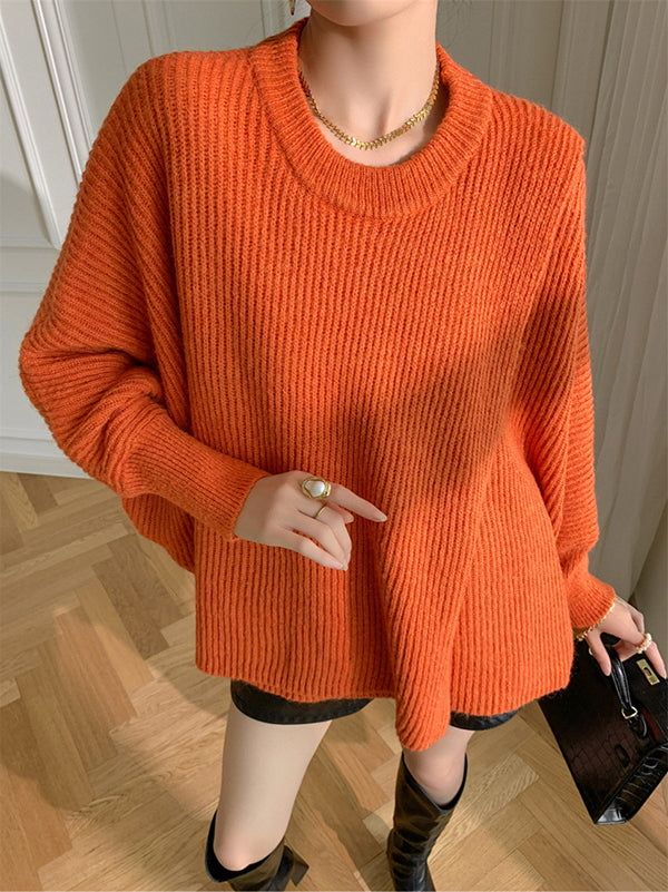 Irregularity Loose Solid Color Batwing Sleeves Round-Neck Sweater Tops