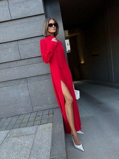 Elowen Tie Neck Slit Maxi Dress In Red