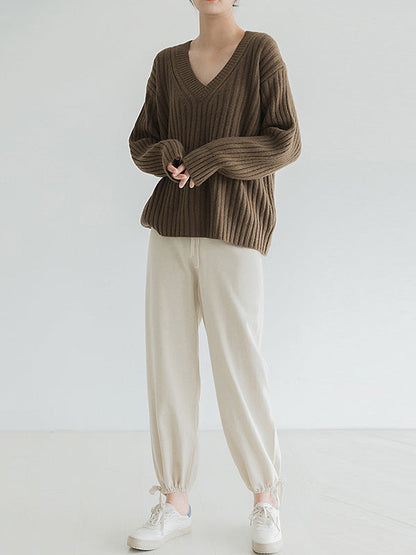 Casual Loose Solid Color V-Neck Sweater Tops
