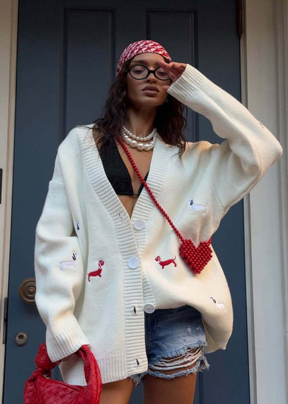 Oversized Knit Cardigan With Dachshund Embroidery