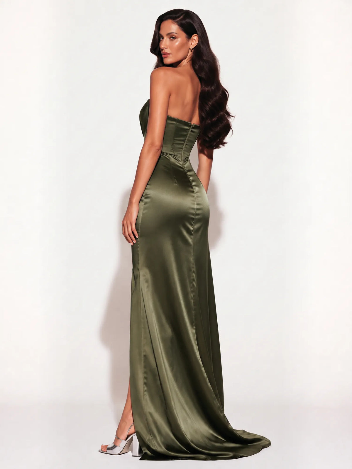 Aurora Strapless Corset Draped Slit Maxi Dress