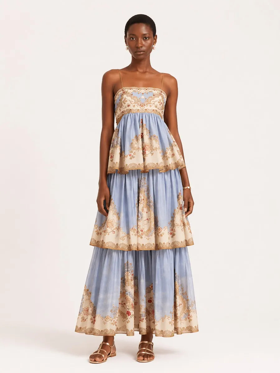 Sienna Layered Printed Spaghetti Strap Maxi Dress