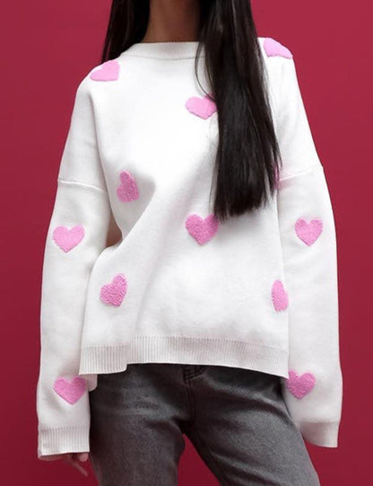 Casual Heart Embroidery Thicken Warm Knit Sweater