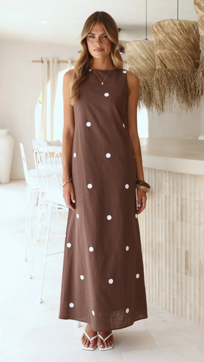 Vana Maxi Dress - Brown/White Polka