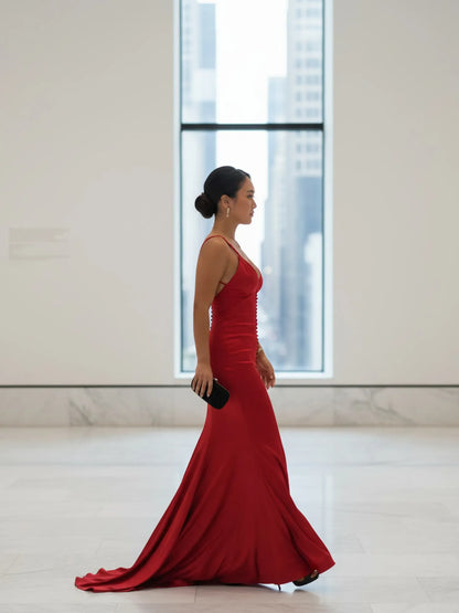 Amaya Satin Bodycon Maxi Dress In Red