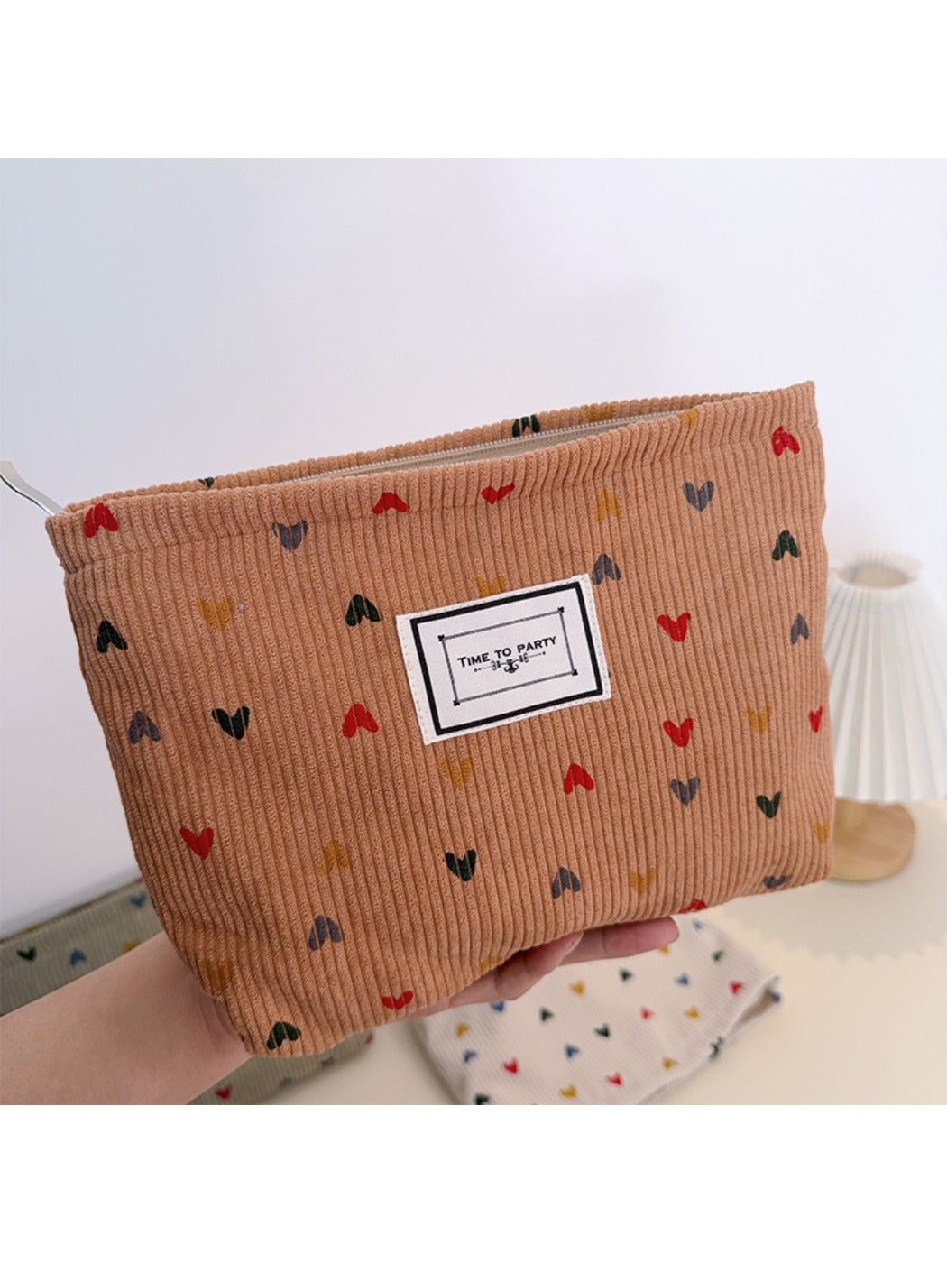 Cosbai - Corduroy Zippered Makeup Pouch with Heart-shaped Patterns