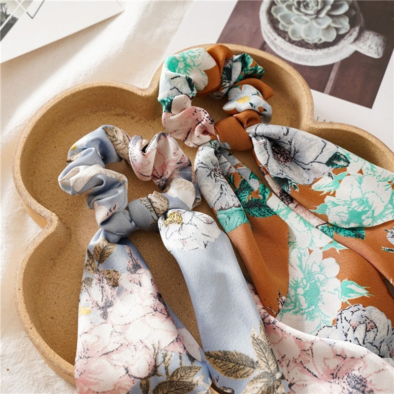 Floral Ribbon Scarf Pony Scrunchie